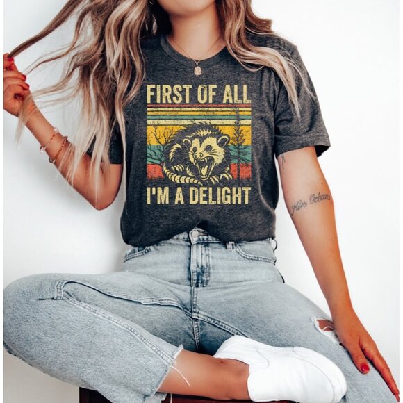 Women Gray Cotton Short Sleeve Graphic “First Of All I Am A Delight” T-Shirt Siz - Picture 1 of 7